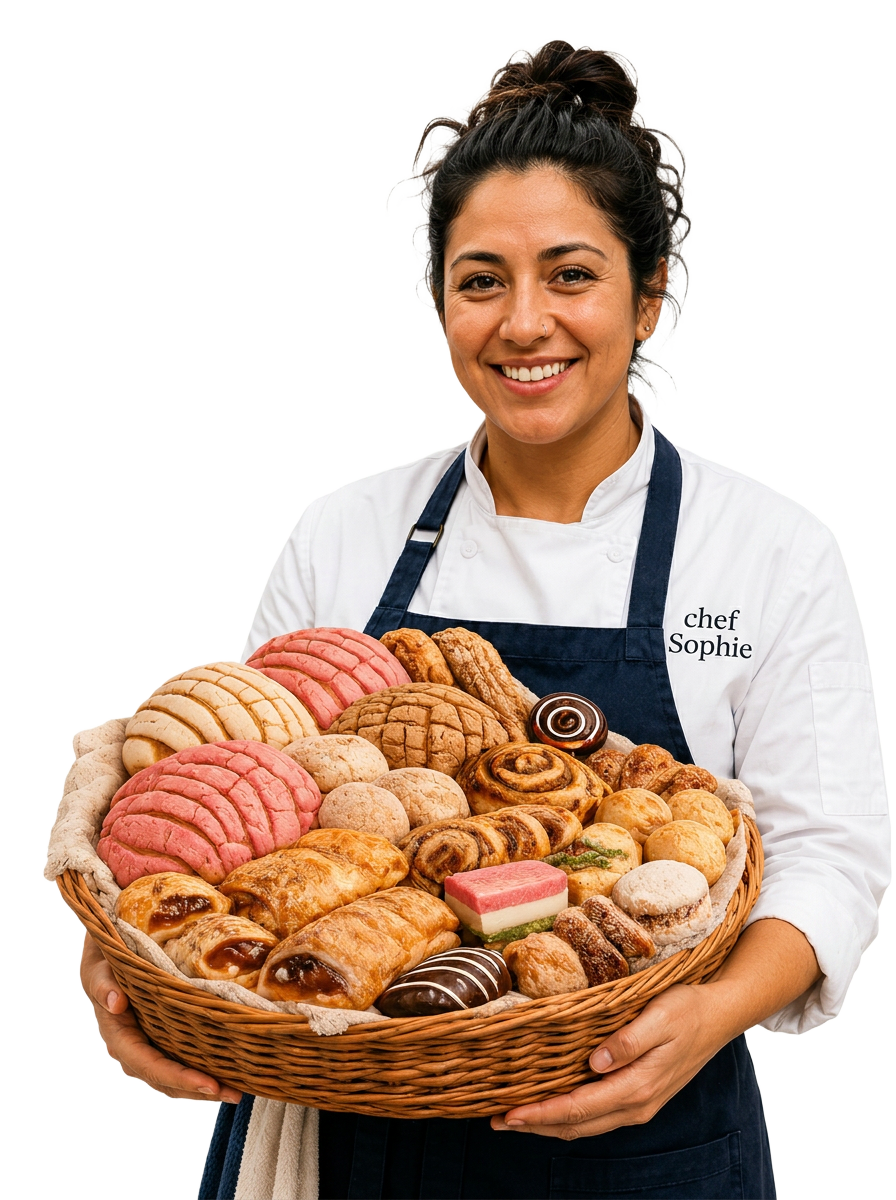 Chef Sophie con canasta de panadería saludable
